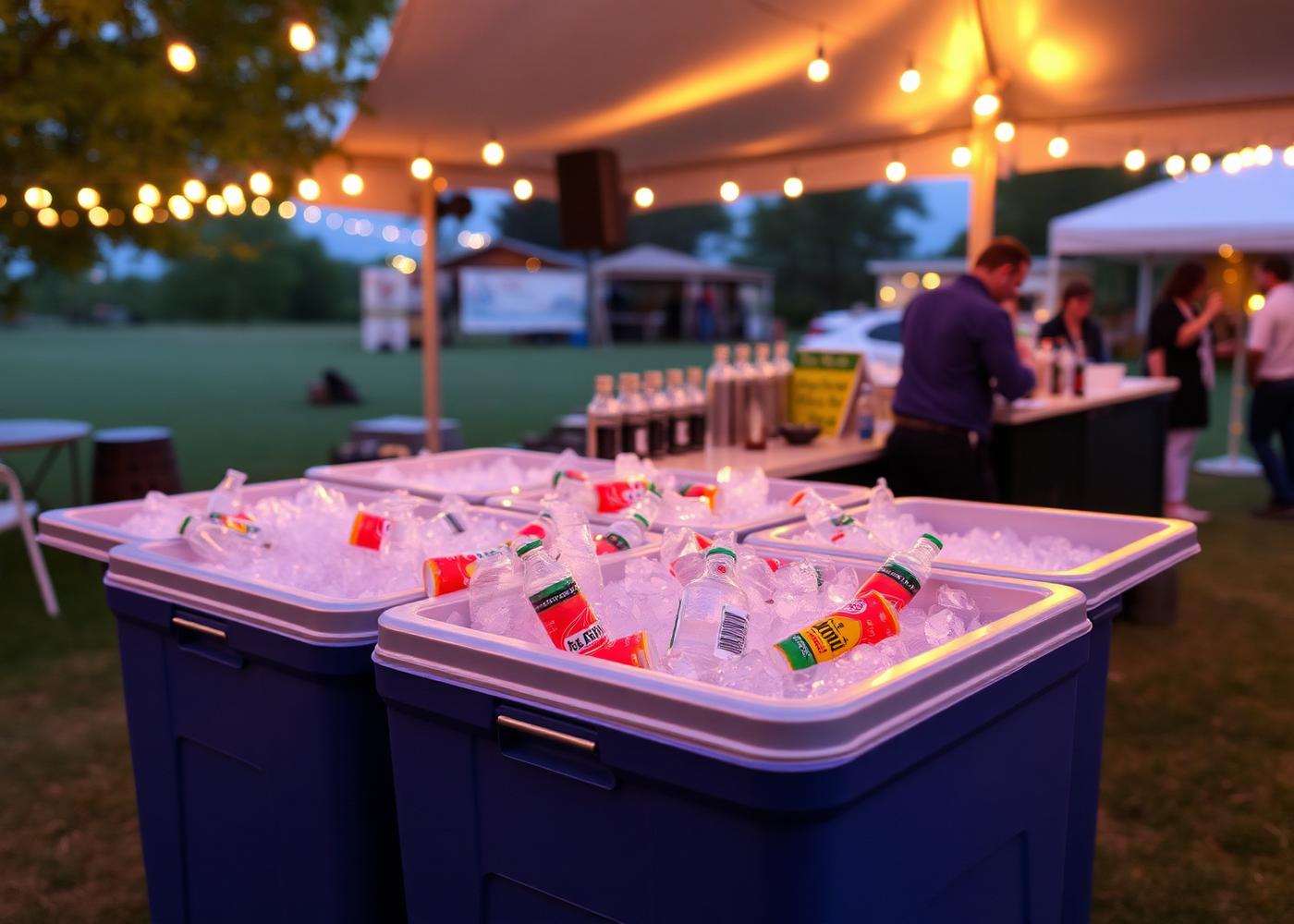 Coolers com gelo e bebidas geladas em um evento